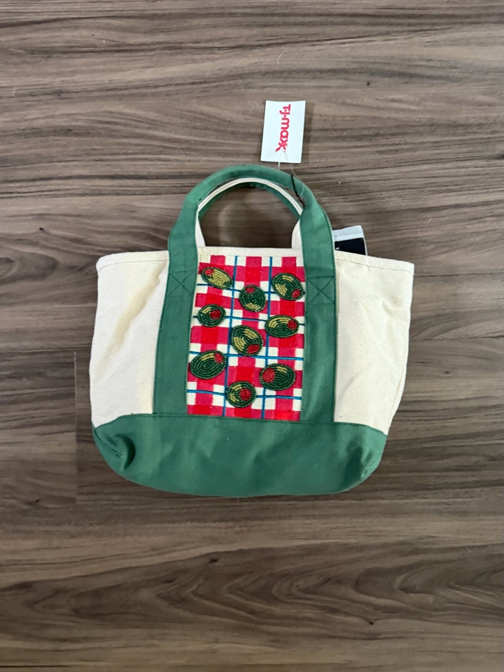 T.J.Maxx Beaded Olive Green & Cream Canvas Tote with Red Plaid Accent
